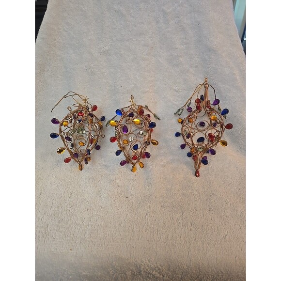 3 Large Christmas Ornaments Goldtone Wire Plastic Jewels 5.5-7" Tall - Picture 1 of 8
